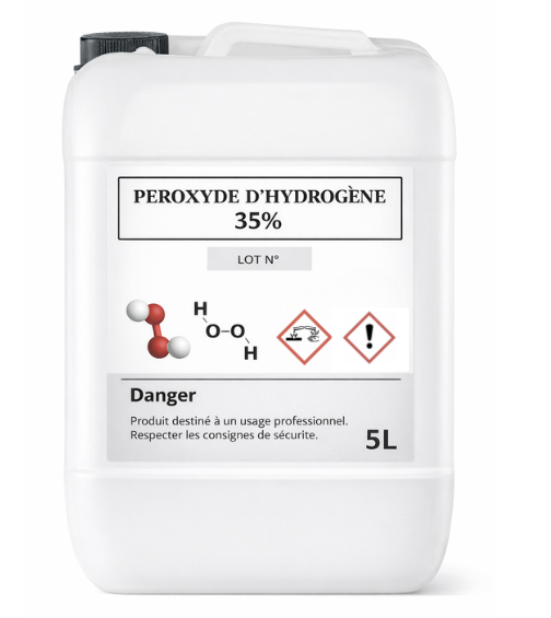 Hydrogène peroxyde (eau oxygénée) 35% - Bidon de 5L - Vente réglementée réservée aux professionnels